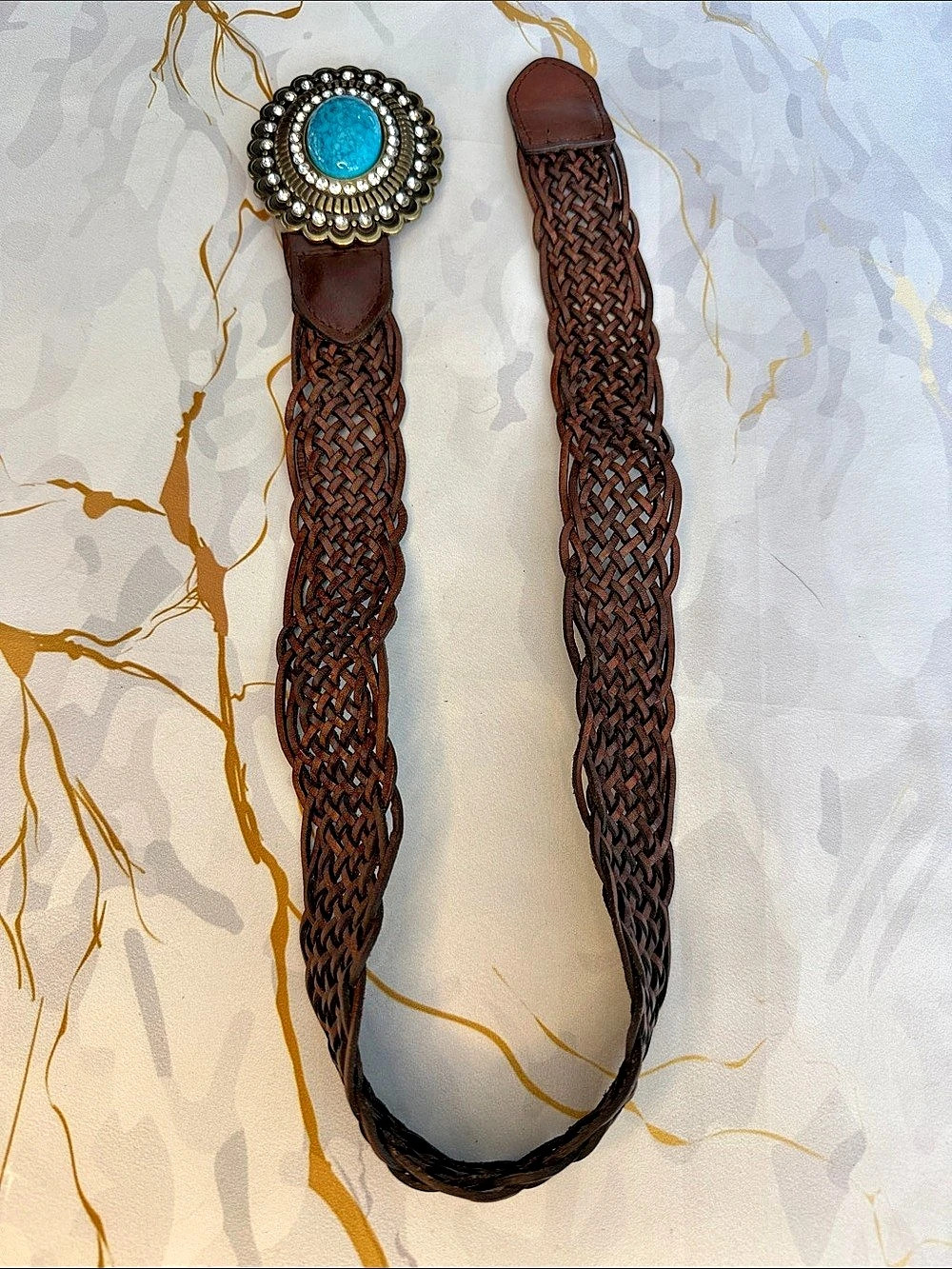 Boston Proper Turquoise Stone Woven Waist Belt Brown & Blue